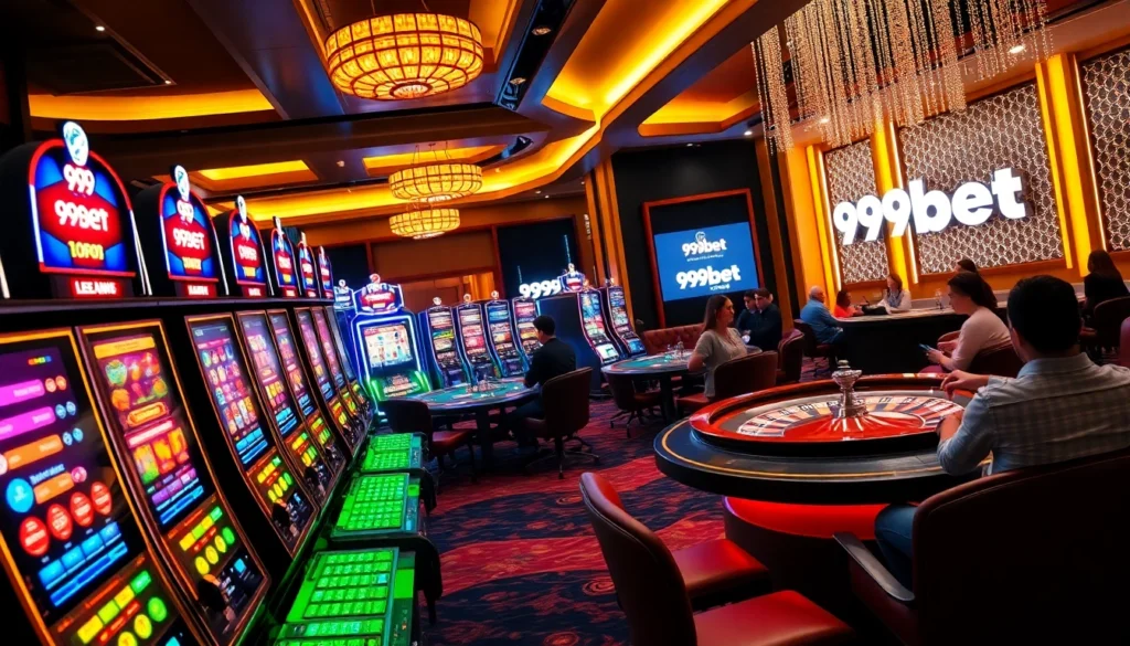 Experience the thrill of 999bet with players at a casino enjoying slot machines, roulette wheels, and poker games.