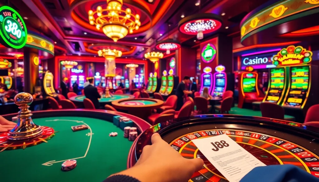 Dynamic casino scene showcasing thrilling gambling activities with J88 betting slips at poker tables.