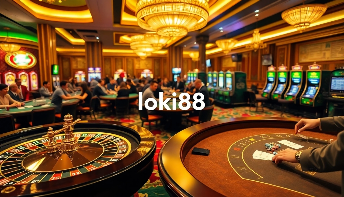 loki88 casino floor showcasing roulette and poker tables, vibrant chips, and high-stakes excitement.