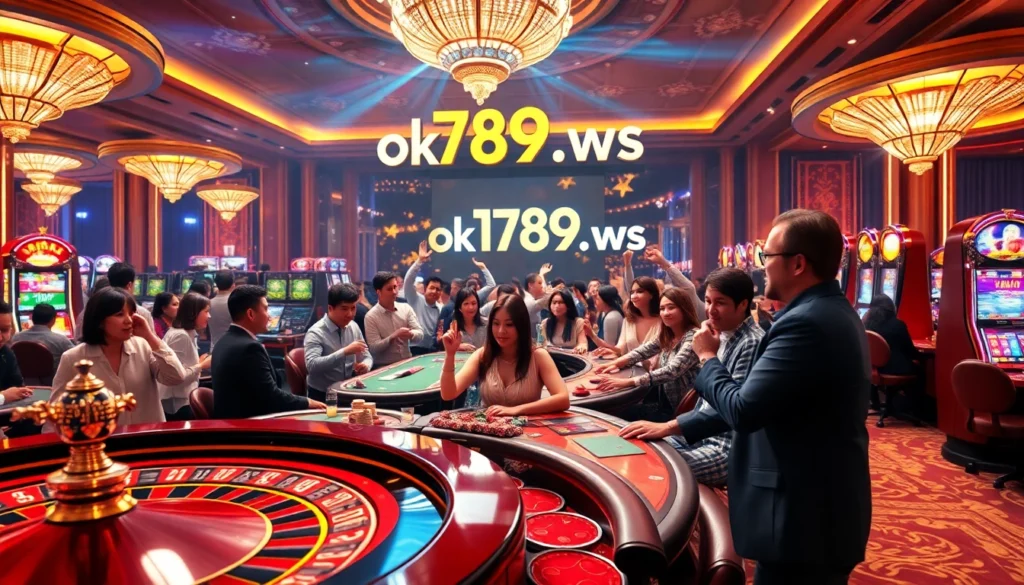 Experience the thrill of winning at ok789.ws with vibrant casino games like roulette and poker, all under luxurious lighting.