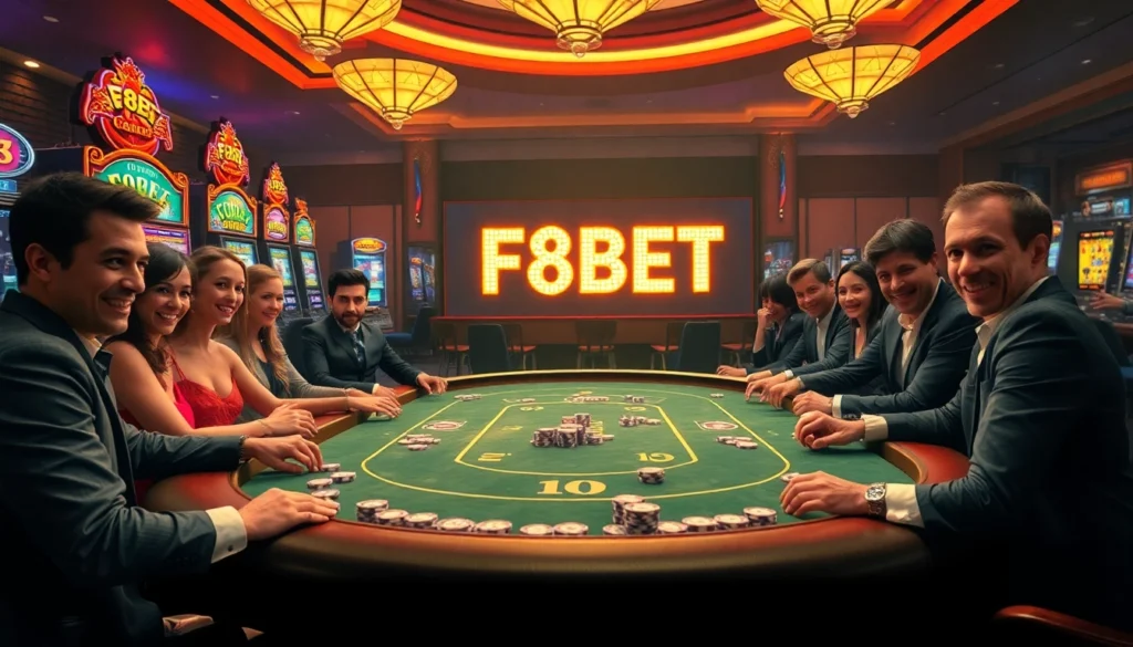 F8BET brings excitement with a vibrant casino scene featuring poker and slot machines, showcasing thrilling moments of gambling.