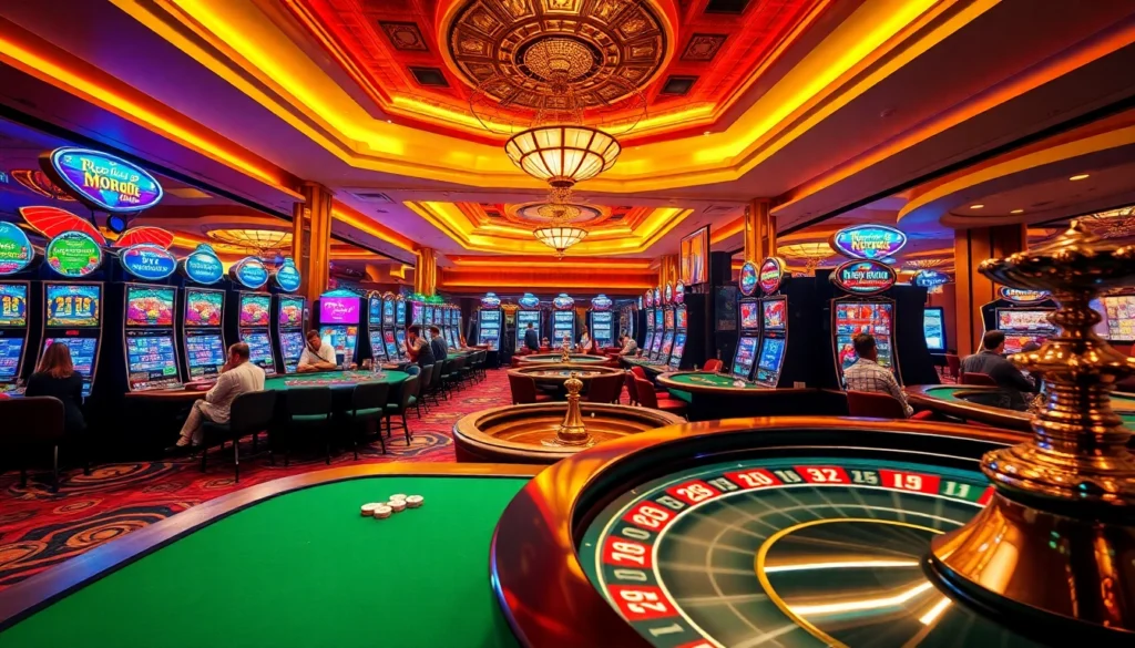 The bustling atmosphere of a casino highlighting top nhà cái uy tín nhất with players at blackjack tables and vibrant slot machines.