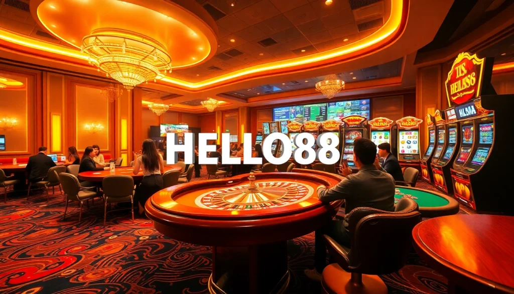HELLO88 players celebrating a jackpot in a dynamic casino setting, featuring roulette and slot machines.