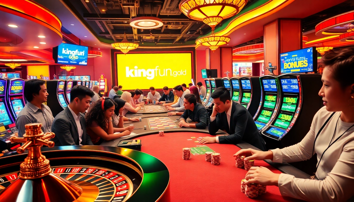 Players enjoying games at kingfun.gold casino, featuring vibrant slot machines and poker tables.