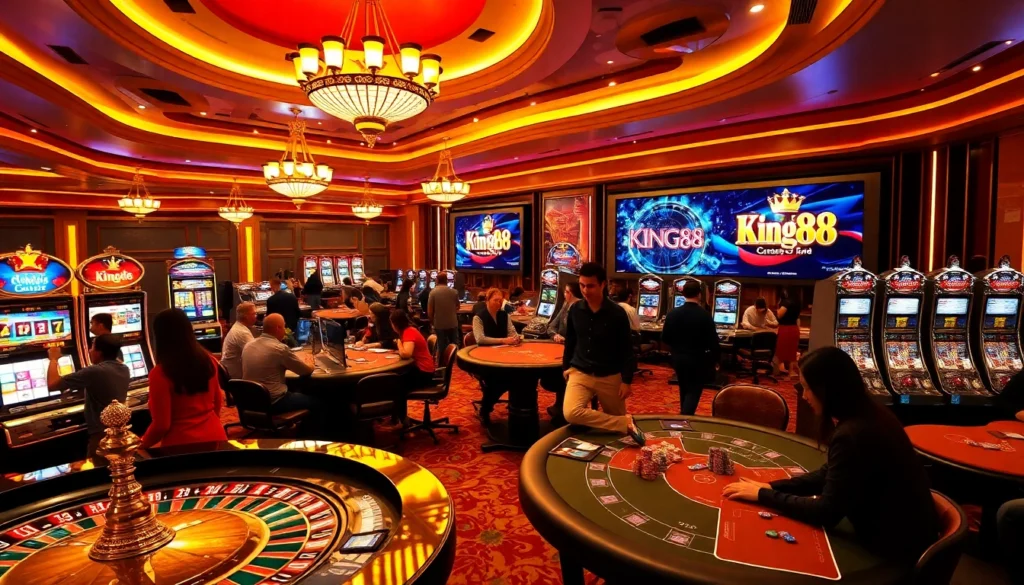 Experience the thrill of gambling as you 'đu nhập King88' to unlock exciting table games and slot machines in a dazzling casino environment.